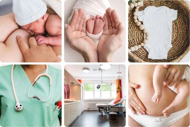Collage zur Geburtshilfe: Neugeborenes, Babyfüße, Kreißsaal und Babybauch