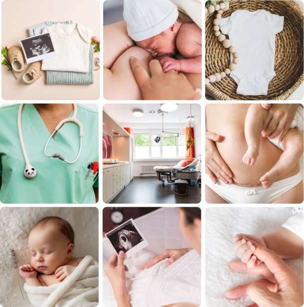 Collage zur Elternschule mit Neugeborenem, Babykleidung, Babybauch und Kreißsaal