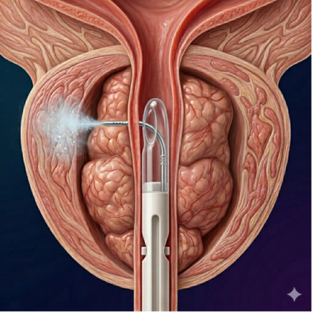 Illustration der Wasserdampf-Ablation zur Behandlung einer vergrößerten Prostata